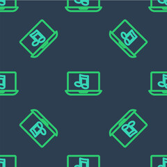 Line Laptop with music note symbol on screen icon isolated seamless pattern on blue background. Vector