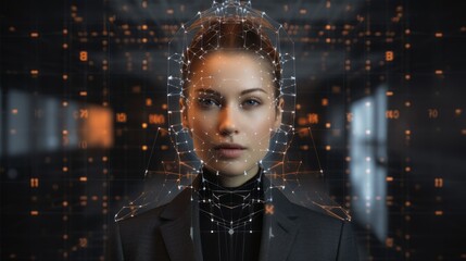 Woman looking at the camera and smart technology for face recognition, Biometric identification, futuristic cyber security, scanning and facial detection