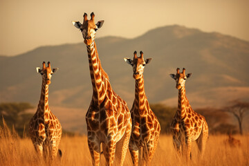 a group of wild giraffes in the African savanna - obrazy, fototapety, plakaty