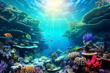 Naklejka na ściany i meble Beautiful scenery of underwater coral reefs shining in the sunlight from the sky. The concept of ecology.