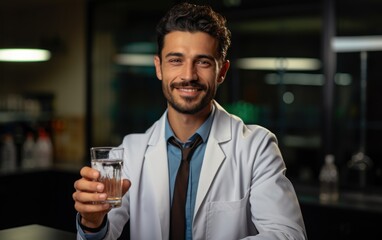 Handsome middle eastern doctor holding glass of water
