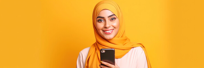 Muslim woman with a smartphone on a yellow background.