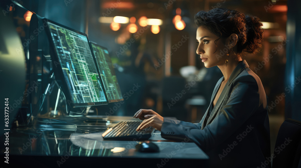 Poster close up of female it programmer working on a modern computer with a futuristic computer with hologr