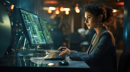 Close up of Female IT Programmer Working on a modern computer with a futuristic computer with holograms.