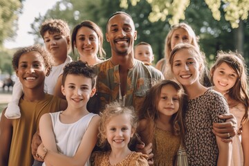 happy multiracial family with many children smiling and looking at camera while standing in sunny park together during weekend