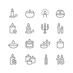 Vector line set of icons related with candle. Contains monochrome icons like flame, wax, candleholder, glass and more. Simple outline sign.