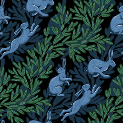 Winter forest animals and conifer branches seamless pattern Blue hares rabbits running jumping Green Christmas tree hand drawn Illustration with colored pencils Fabric or wrapping paper print © Fisenko Nataliia