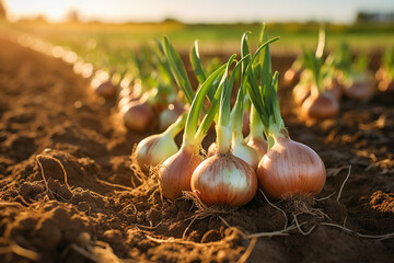 Fresh onions in the farm fields. Organic and ecological food produce and harvest. Generative Ai - 633773236
