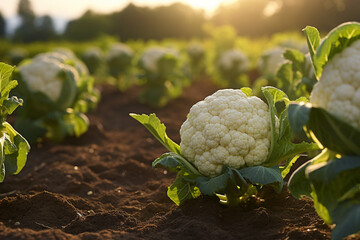Fresh cauliflower in the farm fields. Organic and ecological food produce and harvest. Generative Ai