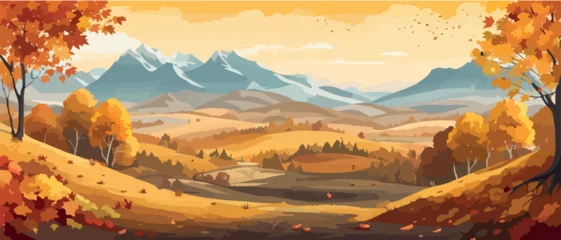 Fotobehang Countryside panorama in autumn, vector horizontal banner of autumn landscape mountains and maple trees fallen with yellow foliage. simple vector © Павел Кишиков