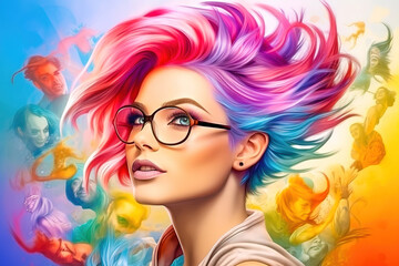 Portrait of a girl with multi-colored hair fantasizing about different haircuts. - obrazy, fototapety, plakaty