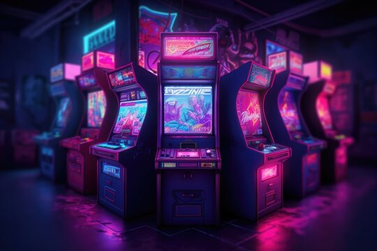 A deserted arcade, neon lights flickering and casting an eerie glow on the abandoned machines. Generative AI