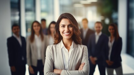 leader businesswoman in suit in with blured team people in office, successful teamwork and confident manager, Generative AI - obrazy, fototapety, plakaty