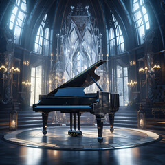 grand piano in a gothic church with warm and cold lights - obrazy, fototapety, plakaty