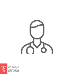 Male doctor icon. Simple outline style. Doctor with stethoscope, man, medic, healthcare, medical concept. Thin line symbol. Vector illustration isolated on white background. Editable stroke EPS 10.