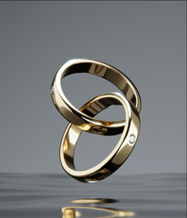 Two gold diamond rings floating on the surface of the water in a studio scene. from design with 3D render.