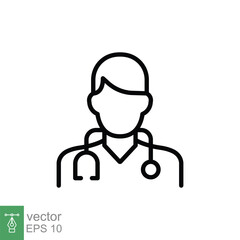 Male doctor icon. Simple outline style. Doctor with stethoscope, man, medic, healthcare, medical concept. Thin line symbol. Vector illustration isolated on white background. EPS 10.