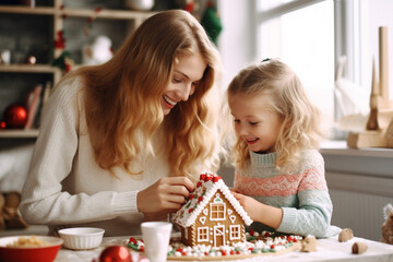 Happy family making gingerbread house togenther. Festive Christmas tradition at home. generative AI