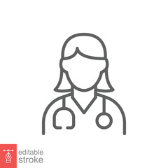 Female doctor icon. Simple outline style. Doctor with stethoscope, woman, medic, healthcare medical concept. Thin line symbol. Vector illustration isolated on white background. Editable stroke EPS 10.