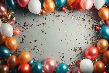 Celebratory border colorful balloons, streamers, confetti frame with space for personalized content Generative AI