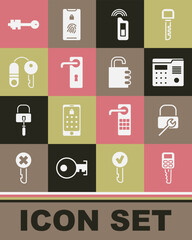 Set Car key with remote, Lock repair, House intercom system, Door handle, Old and Safe combination lock icon. Vector