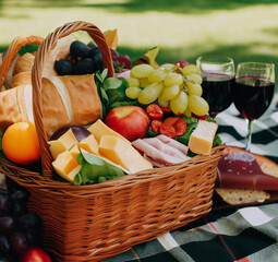 picnic basket with wine and fruits