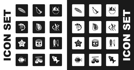 Set Shark fin soup, Mussel, Shrimp, Fish steak, Seaweed, Fishing harpoon, with sliced pieces and Starfish icon. Vector