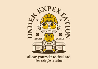 Under expectation, little man character wearing beanie with sad face