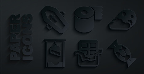 Set Chocolate bar, Moon and stars, Guillotine, Candy, Toilet paper roll and Coffin with cross icon. Vector