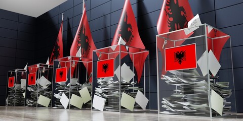 Albania - several ballot boxes and flags - voting, election concept - 3D illustration