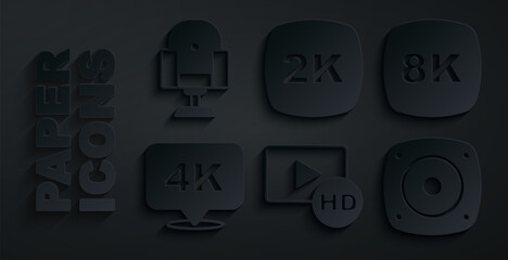 Set Hd movie, tape, frame, 8k Ultra HD, 4k, Stereo speaker, 2k and Director chair icon. Vector