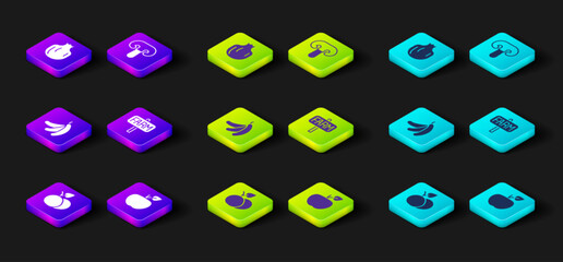 Set Mango fruit, Apple, Banana, Location farm, Mushroom and Pomegranate icon. Vector