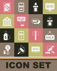 Set Auction hammer, Price tag with Sale, jewelry sale, auctioneer sells, Bid, Museum building, painting sold and icon. Vector