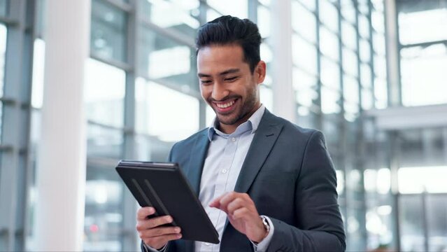 Business man, happy and walking with tablet for stock market research, scroll trading software and Web 3.0. Corporate worker, employee or trader on digital technology for online sales news and email