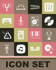 Set DJ playing music, Microphone, Vinyl disk, Xylophone, Electric bass guitar, Retro audio cassette tape, Musical tuning fork and Guitar amplifier icon. Vector