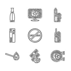 Set No smoking, Medical nicotine patches, Tobacco leaf shop, Electronic cigarette, Burning match with fire, Lighter, Vape mod device and liquid bottle icon. Vector