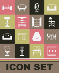 Set Wardrobe, Table with chair, Nightstand lamp, Mirror, Furniture nightstand, Chair, Sofa and icon. Vector