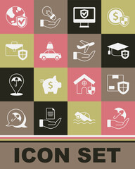 Set Umbrella in hand, Delivery security with shield, Graduation cap, Insurance online, Car insurance, Briefcase, Shield world globe and Plane icon. Vector