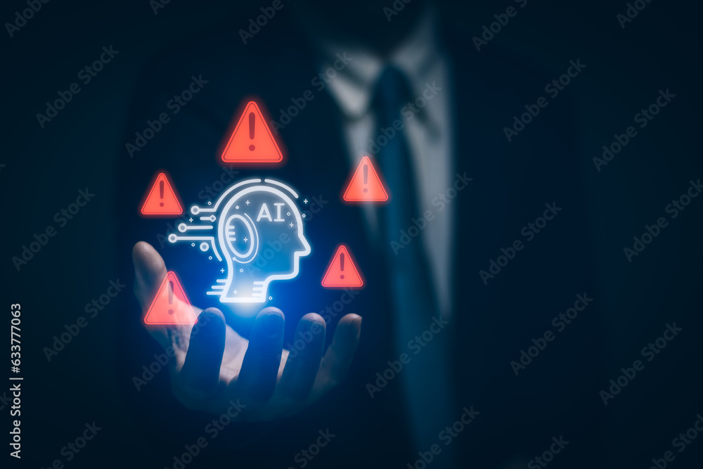 Aufkleber businessman hand showing warning about use of intelligent technology (ai), access to malicious softw