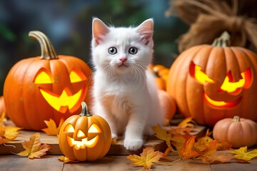 White kitten playing with pumpkins, halloween holiday concept