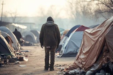 As he walks through the heart of the forlorn tent city, a homeless man, viewed from behind, carries the weight of despair in the heavy, somber air. (AR 3:2)