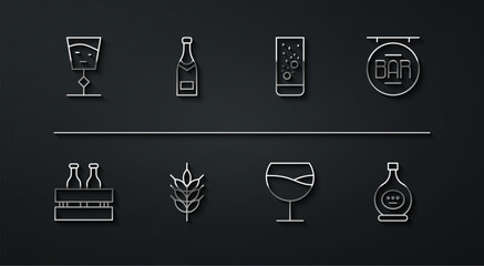 Set line Wine glass, Pack of beer bottles, Street signboard with Bar, Hop, Champagne, Bottle cognac or brandy and Effervescent tablets water icon. Vector