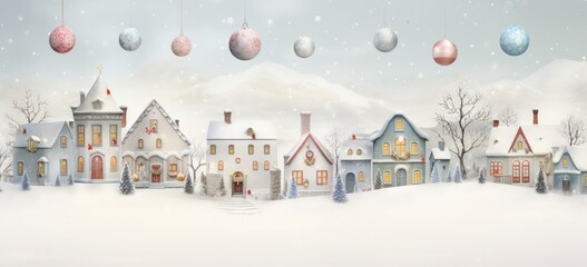 Cute Christmas houses nestled in a snowy village. Pastel colors create a whimsical holiday scene. Concept of festive winter wonderland.