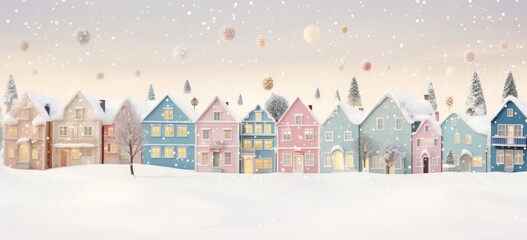 Charming snow-covered village with adorable pastel Christmas houses. Delight in the magical atmosphere of the holiday season. Concept of cozy winter charm.