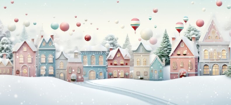 Charming Christmas village in soft pastel colors. Snowy wonderland. Concept of festive joy.