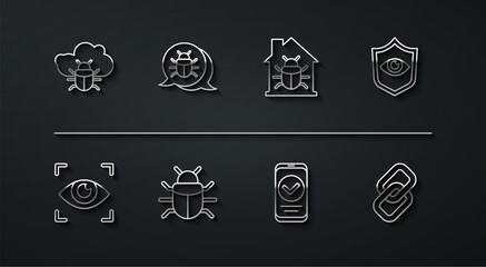 Set line System bug on a cloud, Eye scan, Shield and eye, Smartphone, Chain link and House system icon. Vector