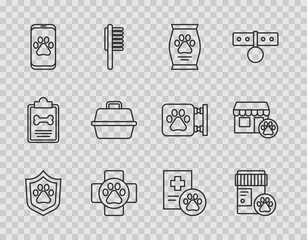 Set line Animal health insurance, Dog medicine bottle, Bag of food, Veterinary clinic, Pet carry case, Clinical record pet and hospital icon. Vector