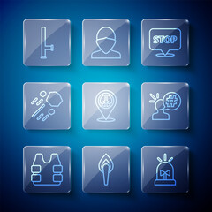 Set line Bulletproof vest, Torch flame, Flasher siren, Protest, Location peace, Flying stone, Police rubber baton and icon. Vector