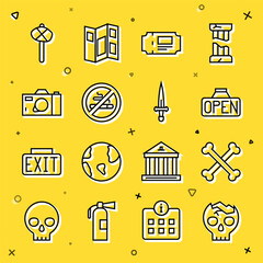 Set line Broken human skull, Crossed bones, Hanging sign with Open, Museum ticket, No Smoking, Photo camera, Stone age hammer and Dagger icon. Vector