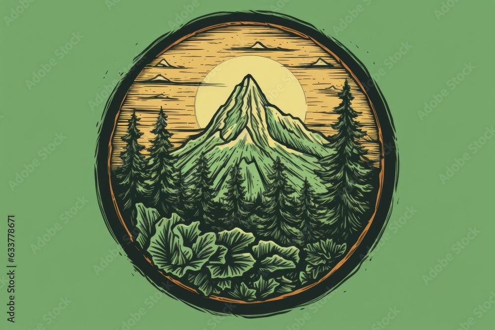 Poster a mountain with trees and a sun in the background. generative ai image.